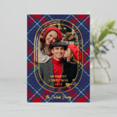 オーバルモダンブルーレッドクリスマスタータンチェックフォートファミリー 箔シーズンカード (立ち正面)