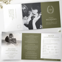 オーバルモノグラム結婚式RSVPオリーブグリーン白