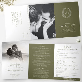 オーバルモノグラム結婚式RSVPオリーブグリーン白 三つ折り招待状