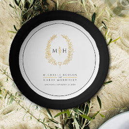 オーバルリースア葉ート金ゴールドブラック結婚モノグラム ペーパープレート