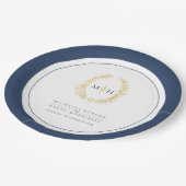 オーバルリースア葉ート金ゴールドブルー結婚モノグラム ペーパープレート (アングル)