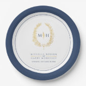 オーバルリースア葉ート金ゴールドブルー結婚モノグラム ペーパープレート (正面)