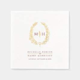 オーバルリースア葉ート金ゴールド赤モノグラム結婚ズ スタンダードカクテルナプキン