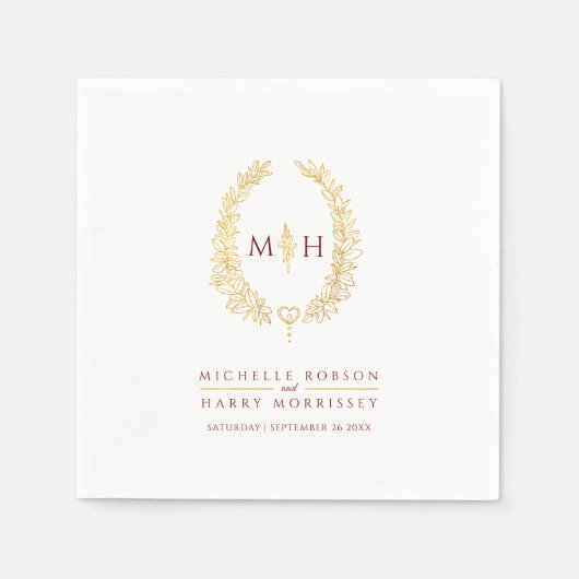 オーバルリースア葉ート金ゴールド赤モノグラム結婚ズ スタンダードカクテルナプキン (正面)