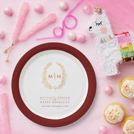 オーバルリースア葉ート金ゴールド赤モノグラム結婚ズ ペーパープレート (パーティー)