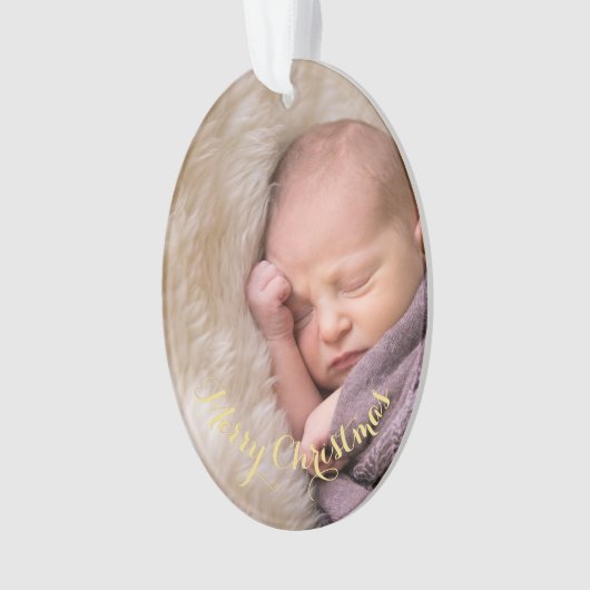 オーバル写真パーソナライズされた金ゴールド文字クリスマスの作成 オーナメント (正面)
