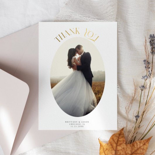 オーバル素朴フレーム結婚の写真サンキューカード 箔招待状