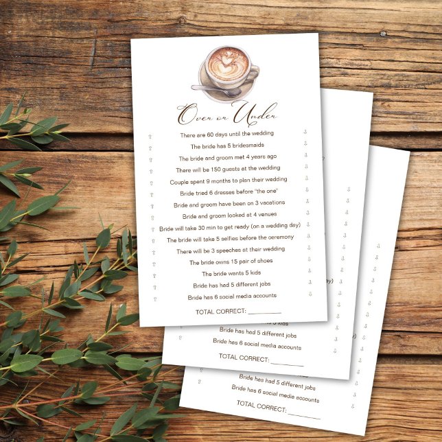 オーバーまたはアンダーコーヒー秋ブライダルシャワーゲーム (Over or Under love is brewing coffee cappuccino fall bridal shower games card)