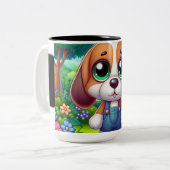 オーバーオールで愛らしい子犬 ツートーンマグカップ (正面左)