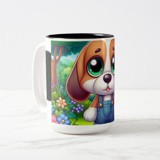 オーバーオールで愛らしい子犬 ツートーンマグカップ (正面左)