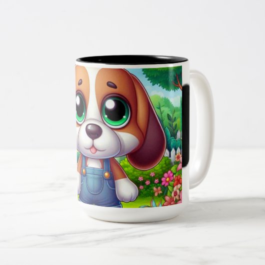 オーバーオールで愛らしい子犬 ツートーンマグカップ (正面右)