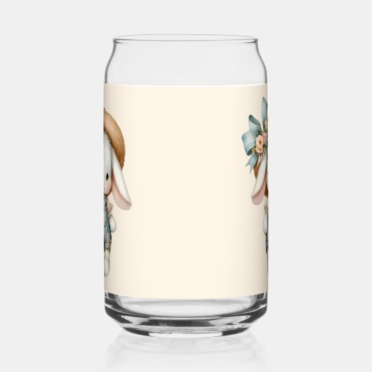 オーバーオールと麦わら帽子、リボンがついたかわいいウサギ ガラス缶 (右)