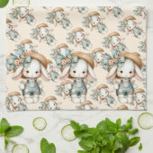 オーバーオールと麦わら帽子、リボンが付いたかわいいウサギ キッチンタオル (折り畳み)