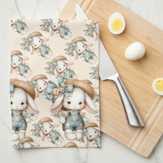 オーバーオールと麦わら帽子、リボンが付いたかわいいウサギ キッチンタオル (四つ折り)