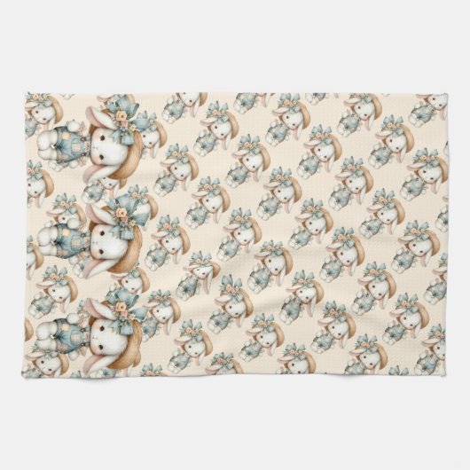 オーバーオールと麦わら帽子、リボンが付いたかわいいウサギ キッチンタオル (横)