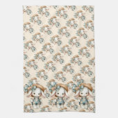 オーバーオールと麦わら帽子、リボンが付いたかわいいウサギ キッチンタオル (縦)