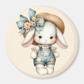 オーバーオールと麦わら帽子、リボンが付いたかわいいウサギ マグネット (正面)