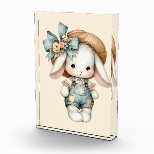 オーバーオールと麦わら帽子＆リボンのキュートなウサギ フォトブロック (右)