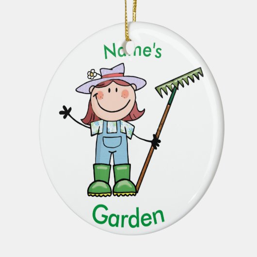 オーバーオール及びブーツの軽いブルネットの女の子の庭師 セラミックオーナメント (左)