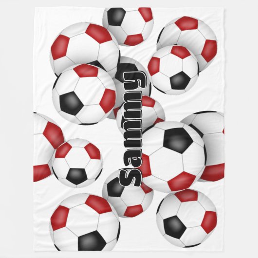 オーバーサイズの赤いブラックサッカーボール競技用デッキ フリースブランケット (正面)