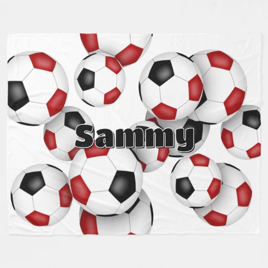 オーバーサイズの赤いブラックサッカーボール競技用デッキ フリースブランケット (正面(横))