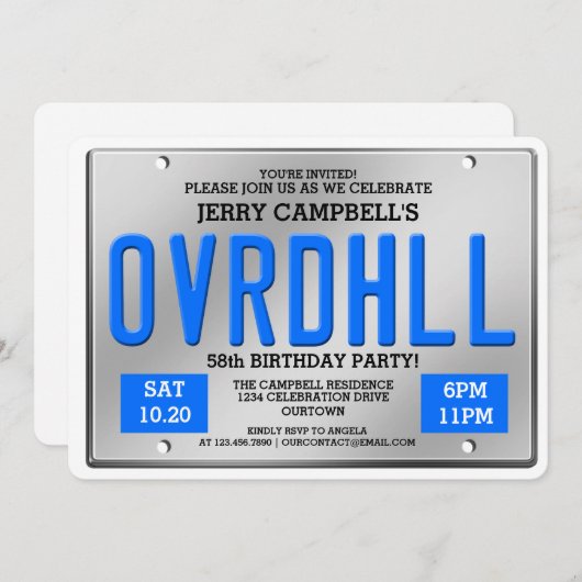 オーバーザヒルライセンスプレート誕生日招待状 招待状 (正面/裏面)