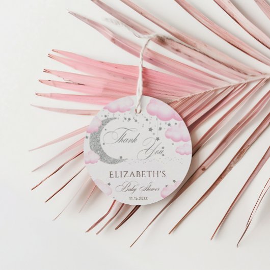 オーバーザムーンシルバーピンクガールベビーシャワーグリッター フェイバータグ