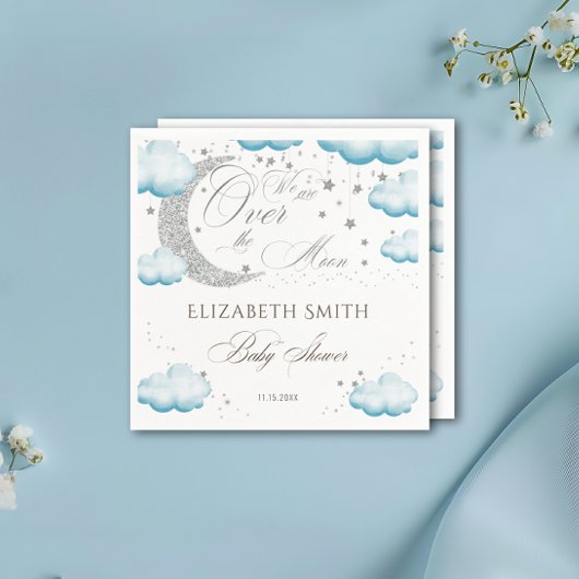 オーバーザムーンシルバーブルーボーイベビーシャワーグリッター スタンダードカクテルナプキン
