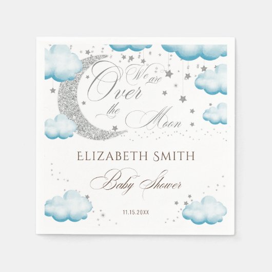オーバーザムーンシルバーブルーボーイベビーシャワーグリッター スタンダードカクテルナプキン (正面)