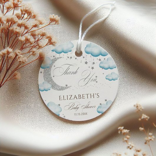 オーバーザムーンシルバーブルーボーイベビーシャワーグリッター フェイバータグ