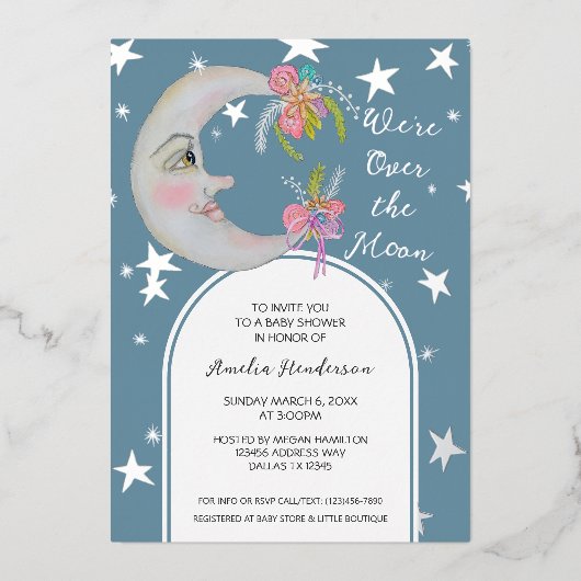 オーバーザムーンスターズティール(緑がかった色)ブルーフローラベビーシャワー 箔招待状 (正面)