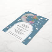 オーバーザムーンスターズティール(緑がかった色)ブルーフローラベビーシャワー 箔招待状 (回転した状態)