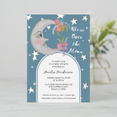 オーバーザムーンスターズティール(緑がかった色)ブルーフローラベビーシャワー 箔招待状 (立ち正面)