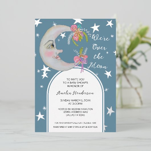 オーバーザムーンスターズティール(緑がかった色)ブルーフローラベビーシャワー 箔招待状 (立ち正面)
