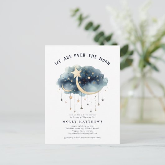 オーバーザムーンスターズ金ゴールドベビーシャワー招待状 ポストカード (スタンド正面)