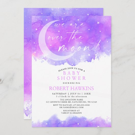オーバーザムーンドリーミーガールベビーシャワー招待状 招待状 (正面/裏面)