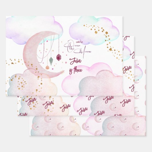 オーバーザムーンビューティフルパステル子供の誕生日 ラッピングペーパーシート (セット)