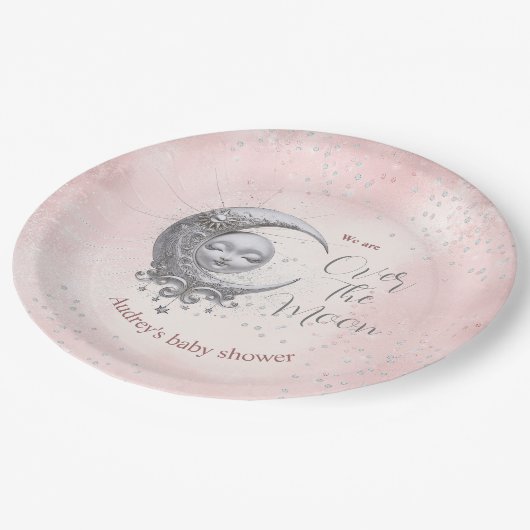 オーバーザムーンピンクガールベビーシャワー紙プレート ペーパープレート (アングル)