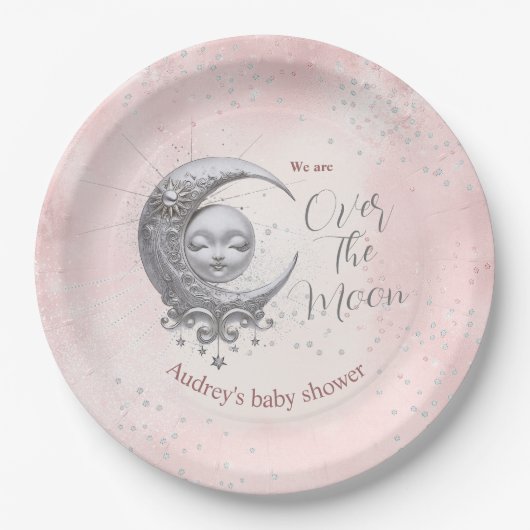 オーバーザムーンピンクガールベビーシャワー紙プレート ペーパープレート (正面)