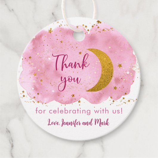 オーバーザムーンピンク金ゴールド銀河系ベビーシャワー フェイバータグ (正面)