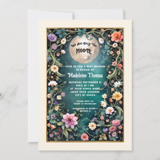 オーバーザムーンフローラナイトピンクの花つる植物女の子 招待状 (正面)