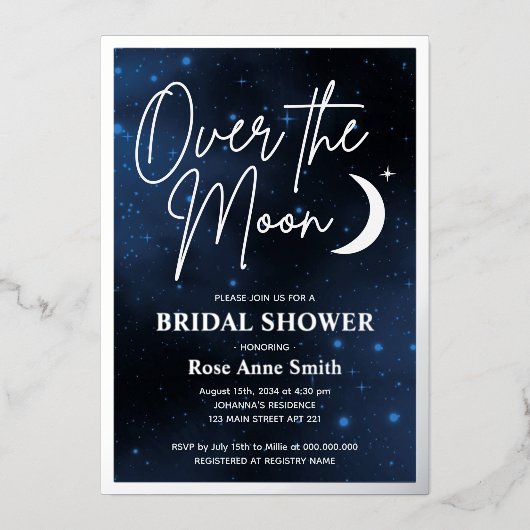 オーバーザムーンブライダルシャワー実在シルバー 箔招待状 (正面)