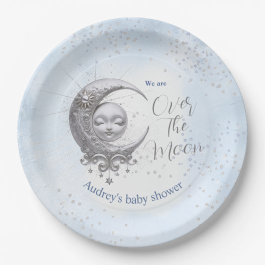 オーバーザムーンブルーボーイベビーシャワー紙プレート ペーパープレート (正面)
