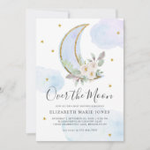 オーバーザムーンブルー金ゴールドフローラボーイベビーシャワー 招待状 (正面)