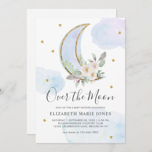 オーバーザムーンブルー金ゴールドフローラボーイベビーシャワー 招待状 (正面/裏面)