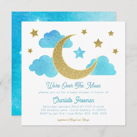 オーバーザムーンブルー金ゴールドベビーシャワー招待状 招待状 (正面/裏面)