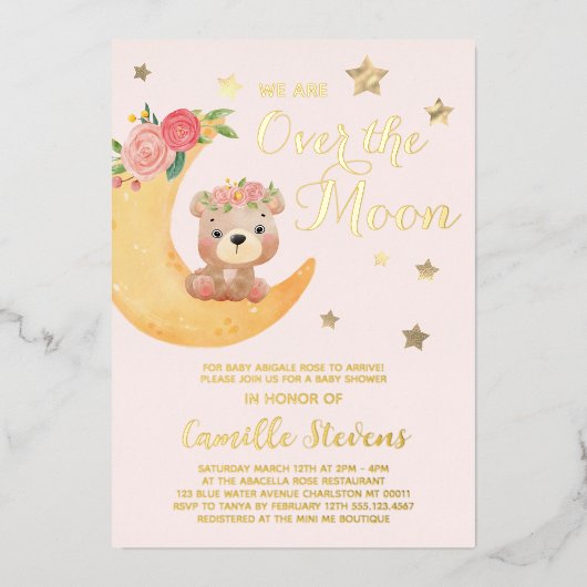 オーバーザムーンベア赤面ベビーシャワーガール 箔招待状 (正面)