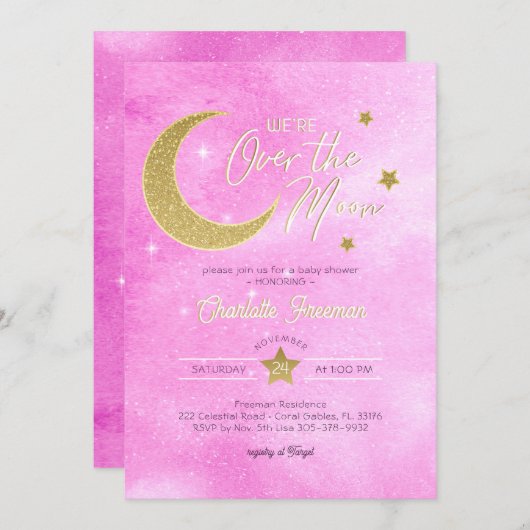 オーバーザムーンベビーガールシャワー招待状 招待状 (正面/裏面)