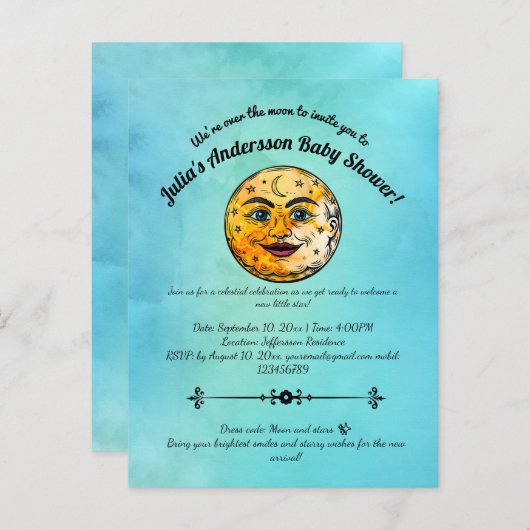 オーバーザムーンベビーシャワーお祝い インビテーションポストカード (正面/裏面)