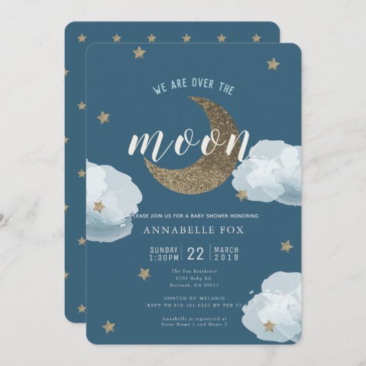 オーバーザムーンミッドナイトブルーベビーシャワー招待状 招待状 (正面/裏面)